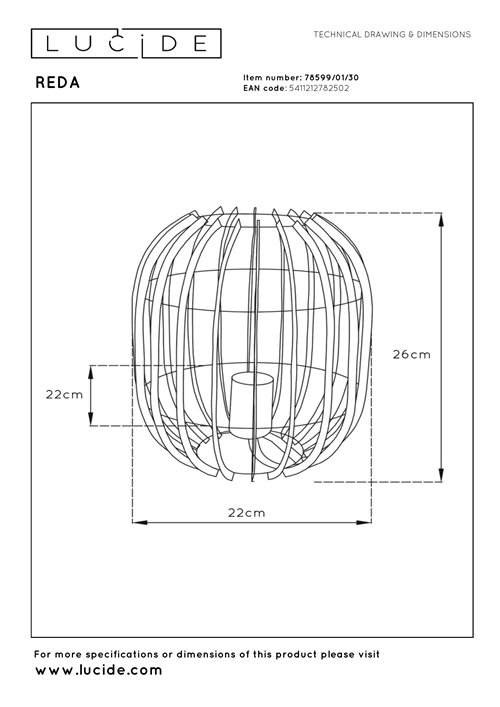Lucide REDA - Lampe de table - Ø 22 cm - 1xE27 - Noir - technique